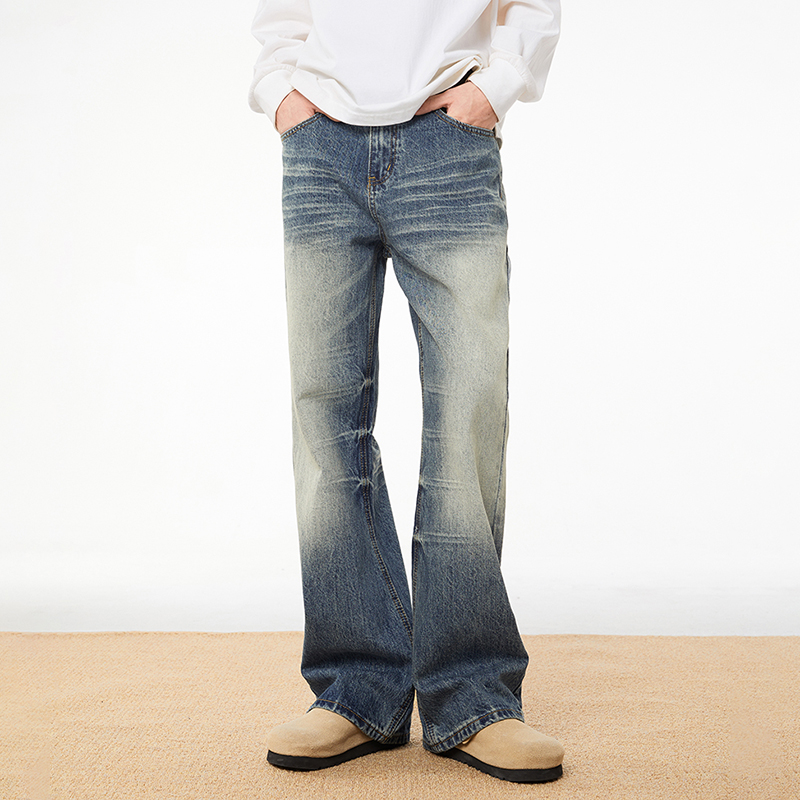 重工水洗做旧复古微喇叭牛仔裤