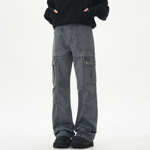 解构褶皱水洗潮牌宽松微喇叭休闲裤 裤 复古多口袋工装 URSGGON美式