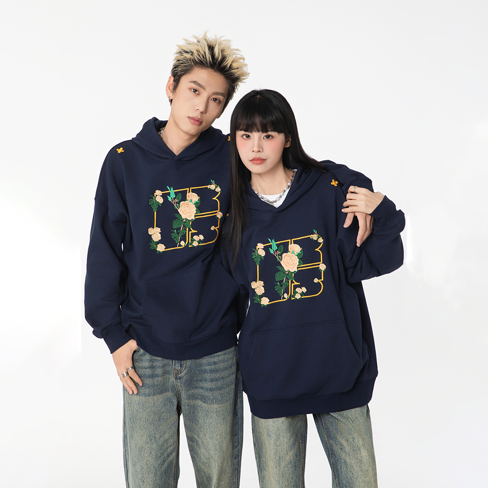 URS GGON美式高街重磅花卉刺绣宽松加绒基础百搭连帽卫衣男女同款