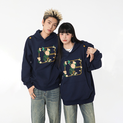 URS GGON美式高街重磅花卉刺绣宽松加绒基础百搭连帽卫衣男女同款
