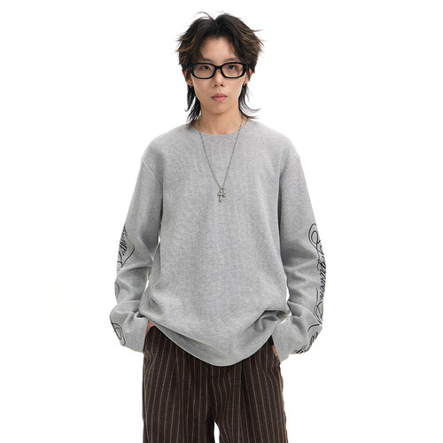URS GGON华夫格美式小领口印字母花长袖宽松休闲情侣卫衣UG8332