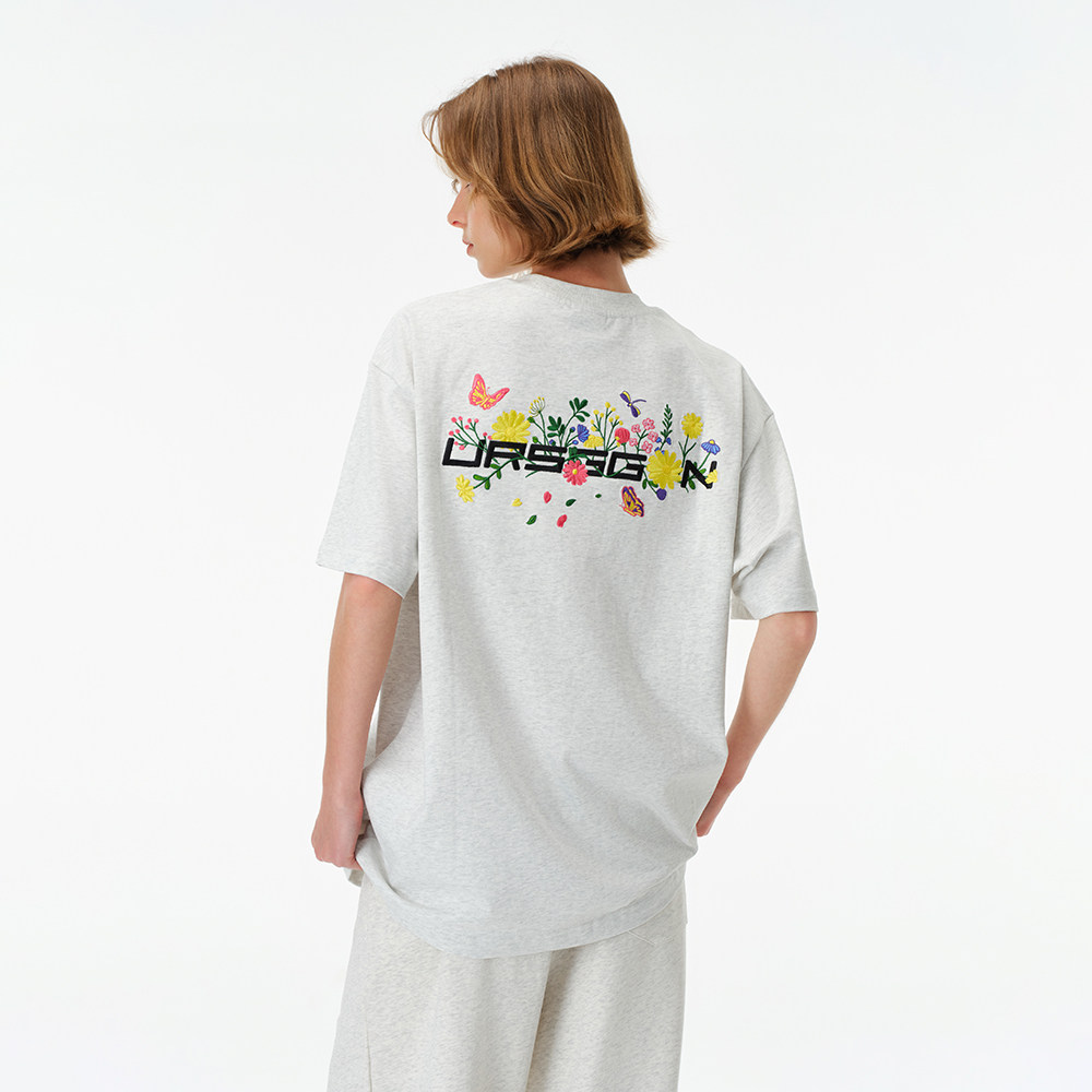 URSGGON美式潮牌背面字母花卉刺绣短袖基础简约宽松百搭半袖T恤