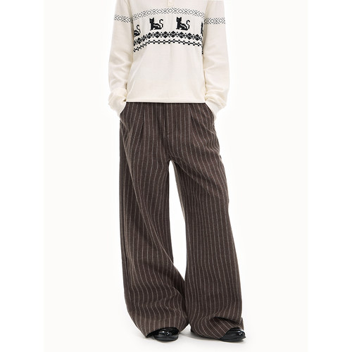 URS GGON条纹复古通勤阔腿双褶设计感西裤显瘦宽松直筒休闲长裤
