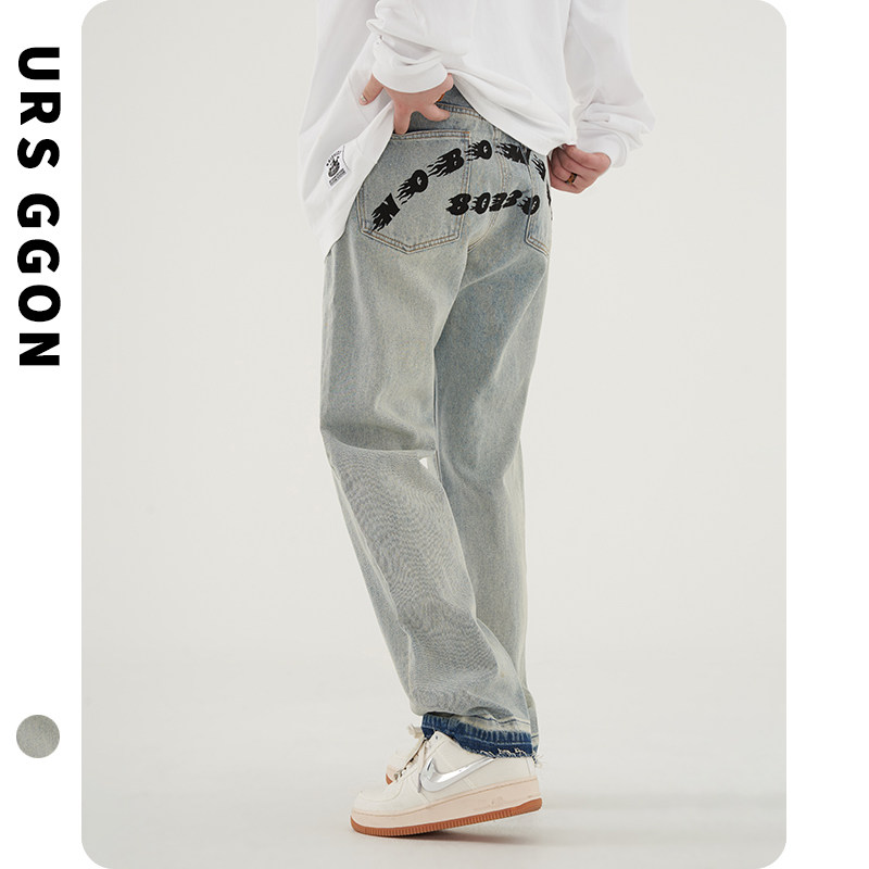URSGGON美式高街牛仔裤女潮牌印花毛边复古做旧嘻哈宽松直筒裤男