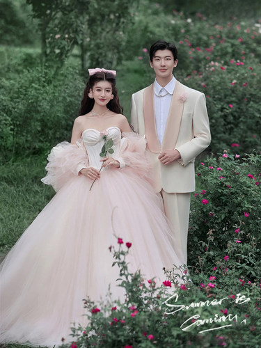 韩版亮缎抹胸花朵礼服