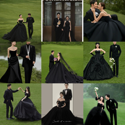 新款影楼主题拍照服装黑色抹胸婚纱情侣旅拍草坪外景在逃公主礼服