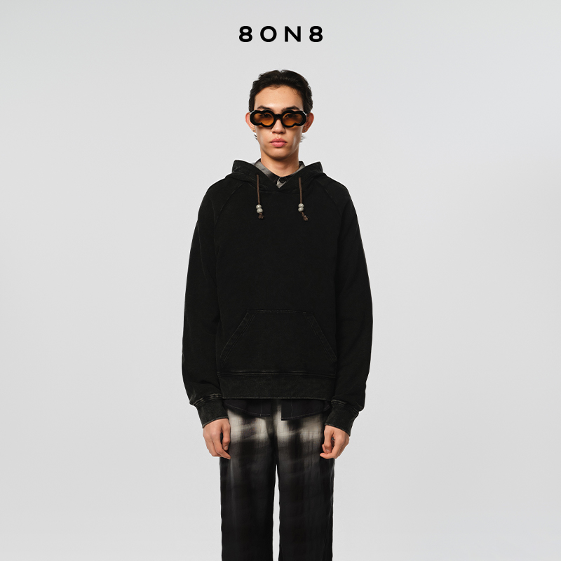 8ON8深灰格纹拼接砂洗帽衫