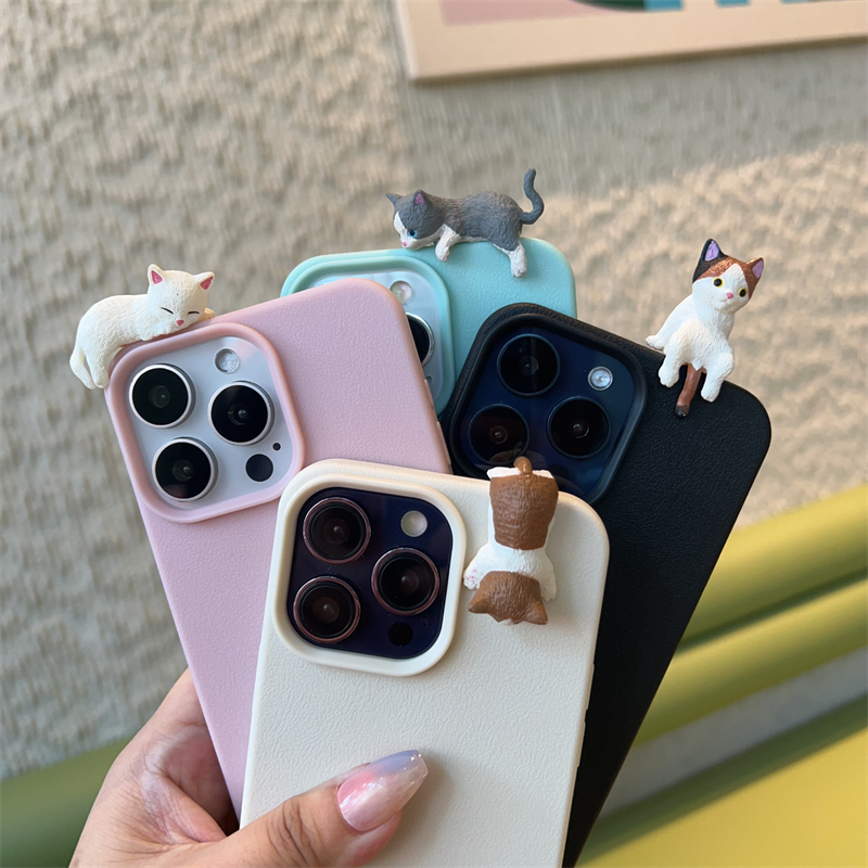 iphone立体趴趴小猫咪皮纹手机壳
