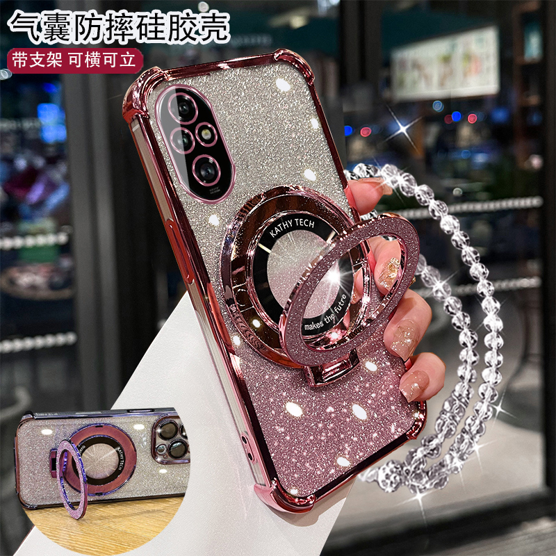 气囊新款防摔华为荣耀200/100/手机壳自带镜头膜honor90/80/70/60/50电镀全包边MAA-AN00硅胶200pro网红支架