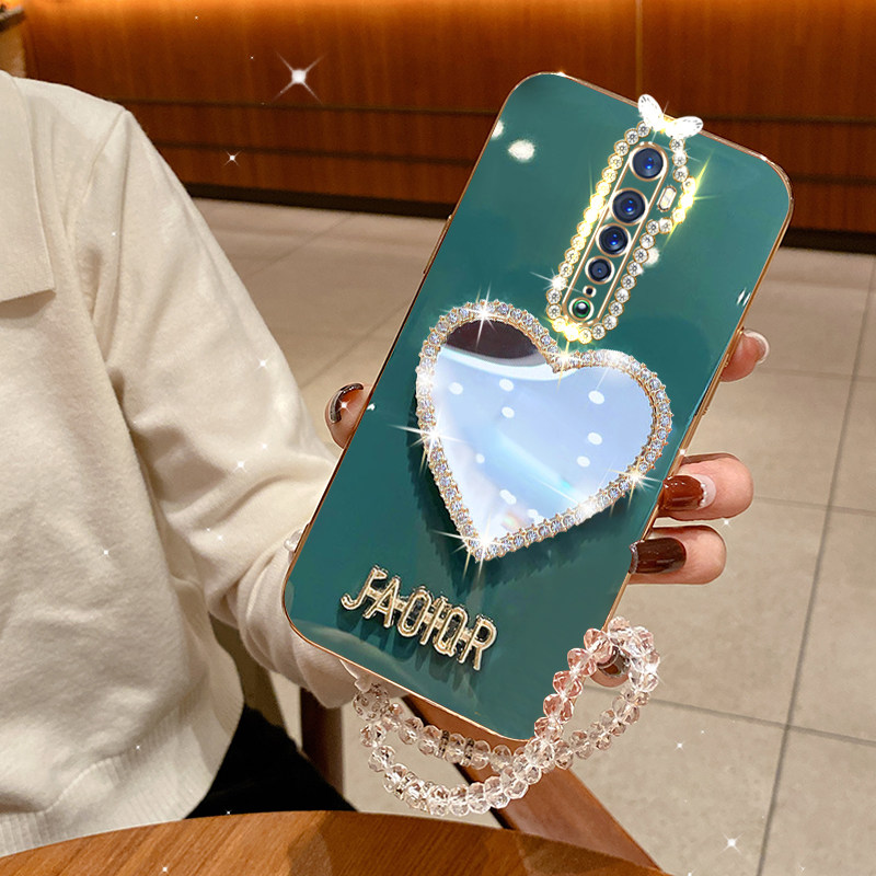 适用于oppoReno2手机壳新款防摔全包镜头PCKM00女款网红个性爱心镜子reon2硅胶直边保护套手链挂绳