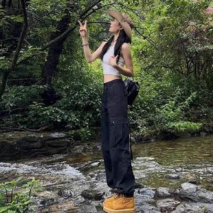 美式黑色工装裤女2024新款秋季宽松冲锋裤小个子女款登山裤春秋款