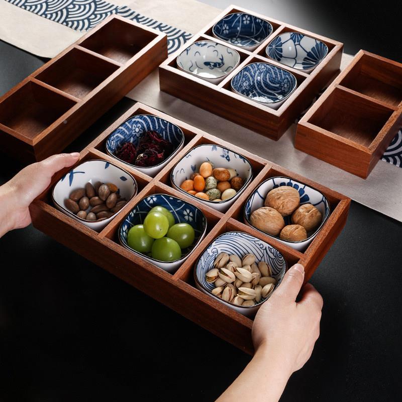 日本实木果盘茶点零食盘网糖红九宫格家茶几坚果果木托质水YEW-11