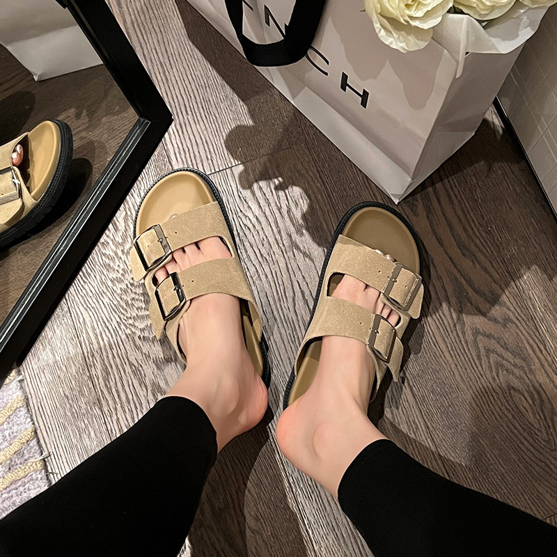 大叔家达文西鞋子 镇店之宝~大叔家真皮厚底双扣带复古拖鞋女外