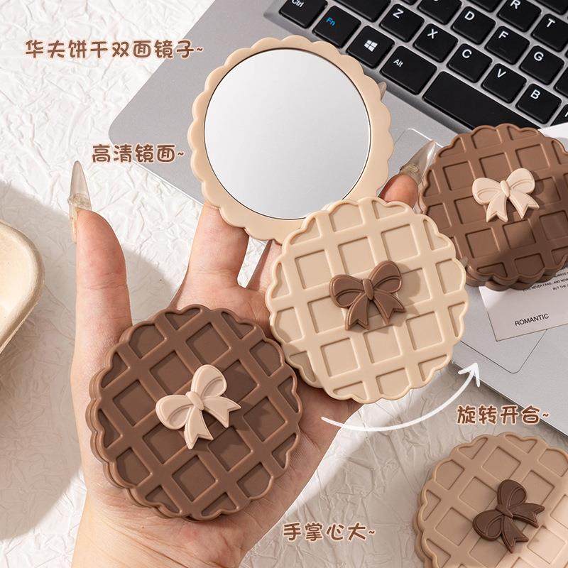 华夫饼干双面小圆镜化妆旅行旋转便携镜子高清女孩补妆轻薄小镜子