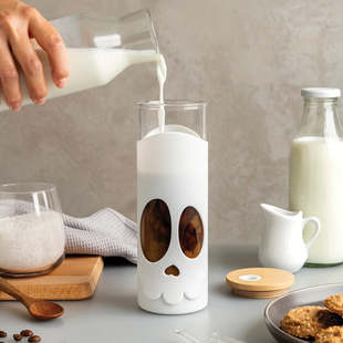 博物×OTOTO骷髅脸型带吸管玻璃杯创意自带吸管塑料杯毛刷便携