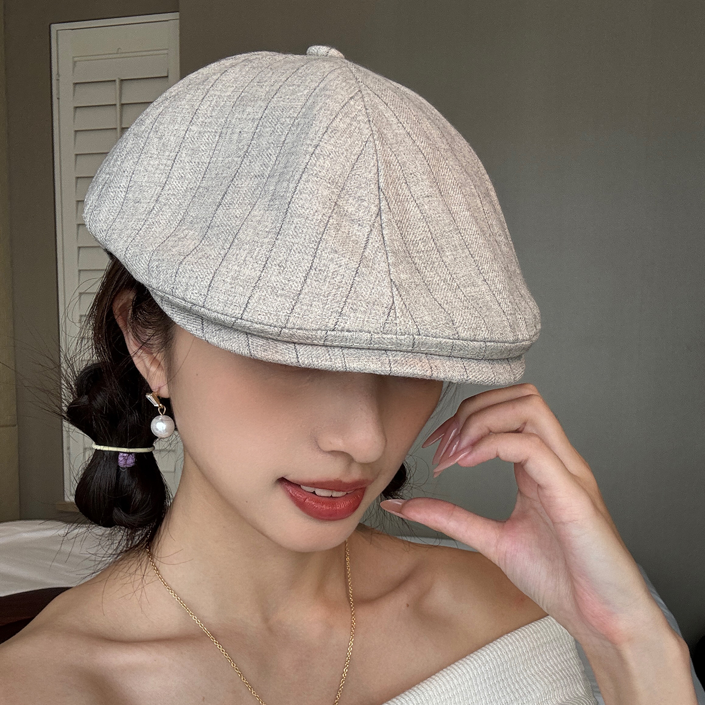 日系复古条纹前进帽女夏季薄款小众文艺风帽子报童帽显脸小贝雷帽