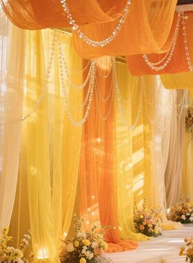 幼儿园环创瀑布纱装饰橙色淡黄轻透软纱纱幔网纱布料婚礼场景布置