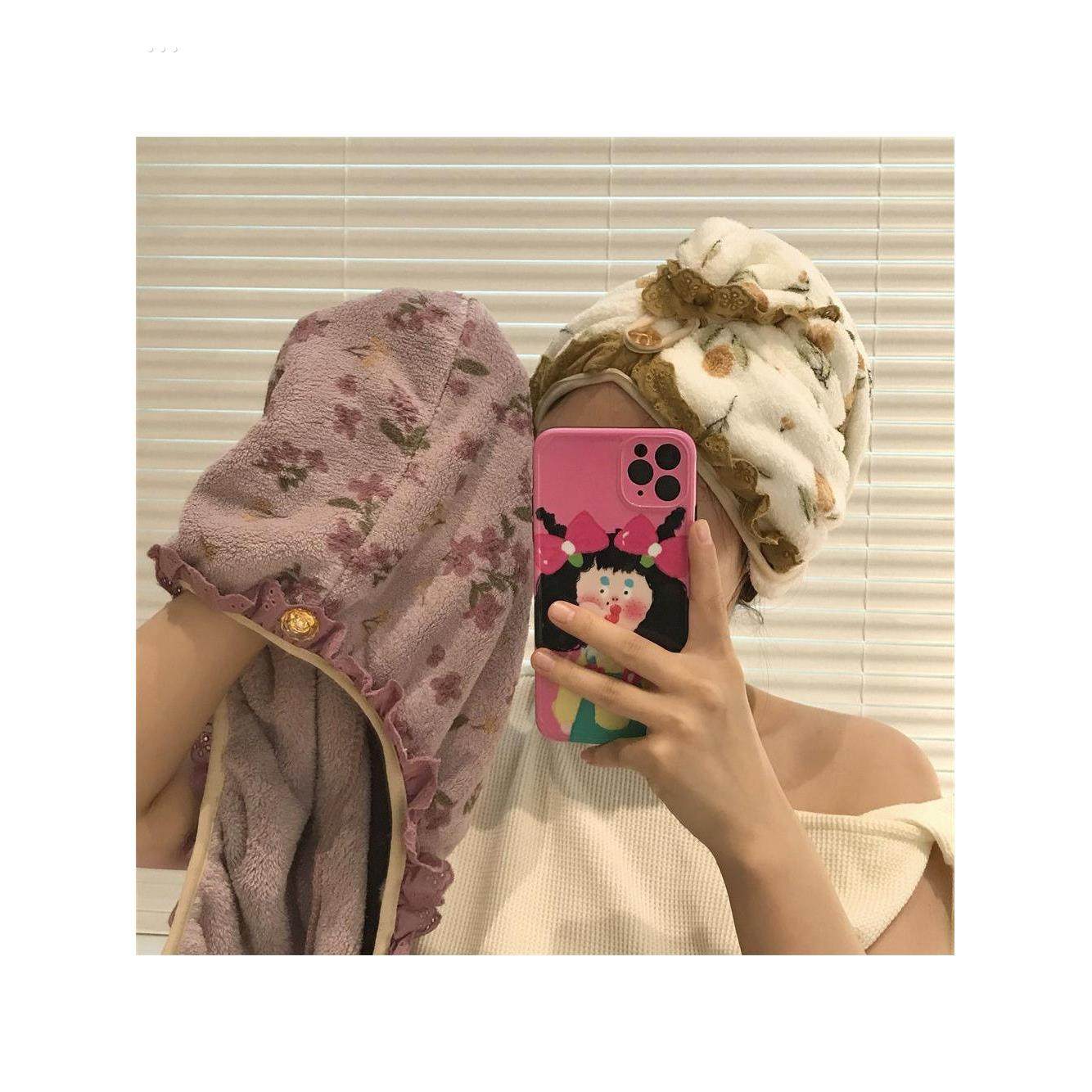 碎花蕾丝珊瑚绒干发帽吸水速干发巾成人学生女洗澡擦头发浴帽柔软