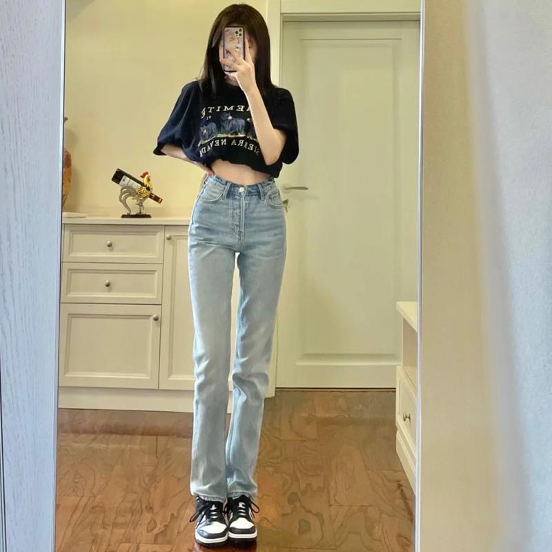 韩国2024年春秋高腰显瘦百搭浅色弹力修身直筒牛仔裤女拖地长裤子