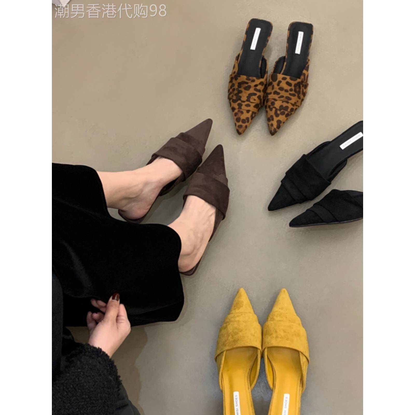 时尚品牌秋夏季新利基高端尖头麂皮鞋趾厚跟半拖鞋女士外穿低跟骡