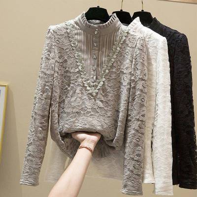 加绒打底衫女2025新款秋冬内搭可外穿长袖修身覆古加厚蕾丝上衣女