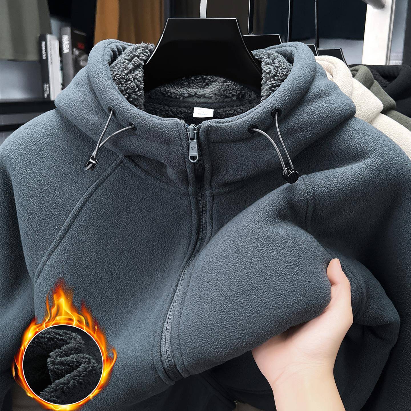 MAROLIO~品质上乘！100%纯羊毛开衫卫衣男冬季新款羊羔绒连帽外套