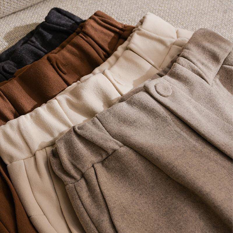 米色女裤子欧货2025秋冬新款直筒双面毛呢裤松紧腰羊毛西装阔腿裤