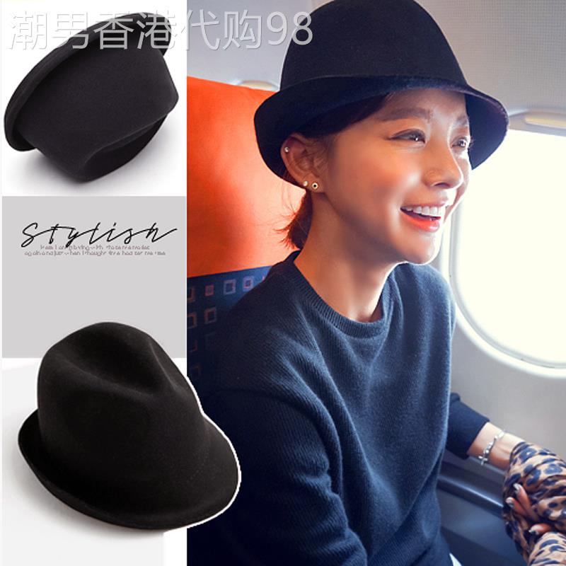 韩国秋冬新品复古盆帽卷边黑色羊毛呢爵士帽礼帽时尚毡帽男女帽子