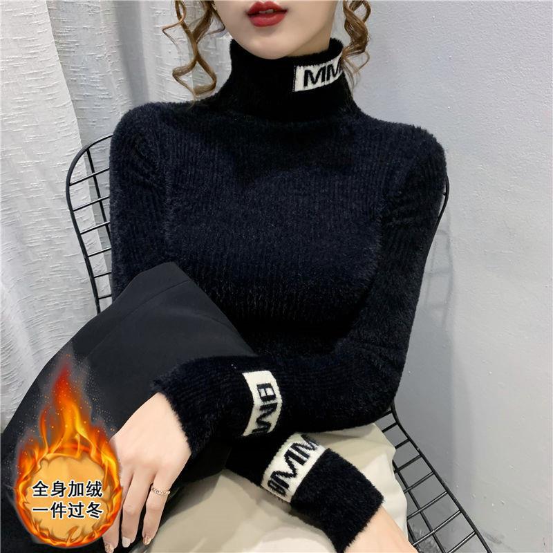 一体绒高领针织打底衫女秋冬内搭2025新款加绒加厚修身高级感毛衣