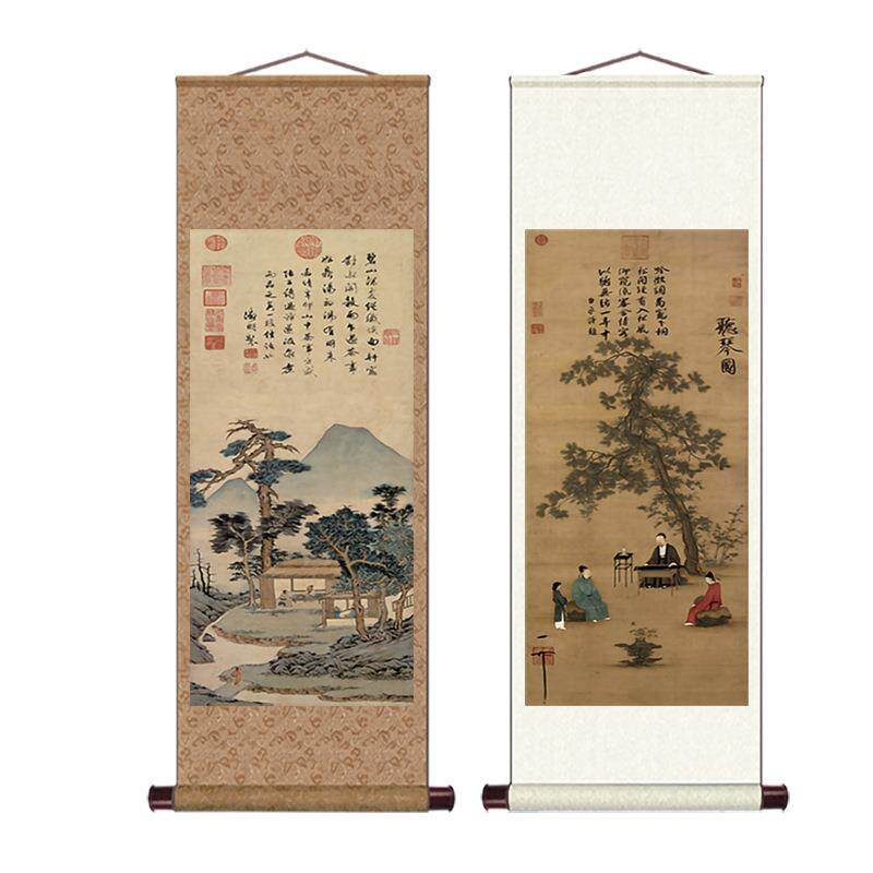 仿古字画卷式轴画竖版听宿EAP图入户玄关琴书房茶室民挂画新中装