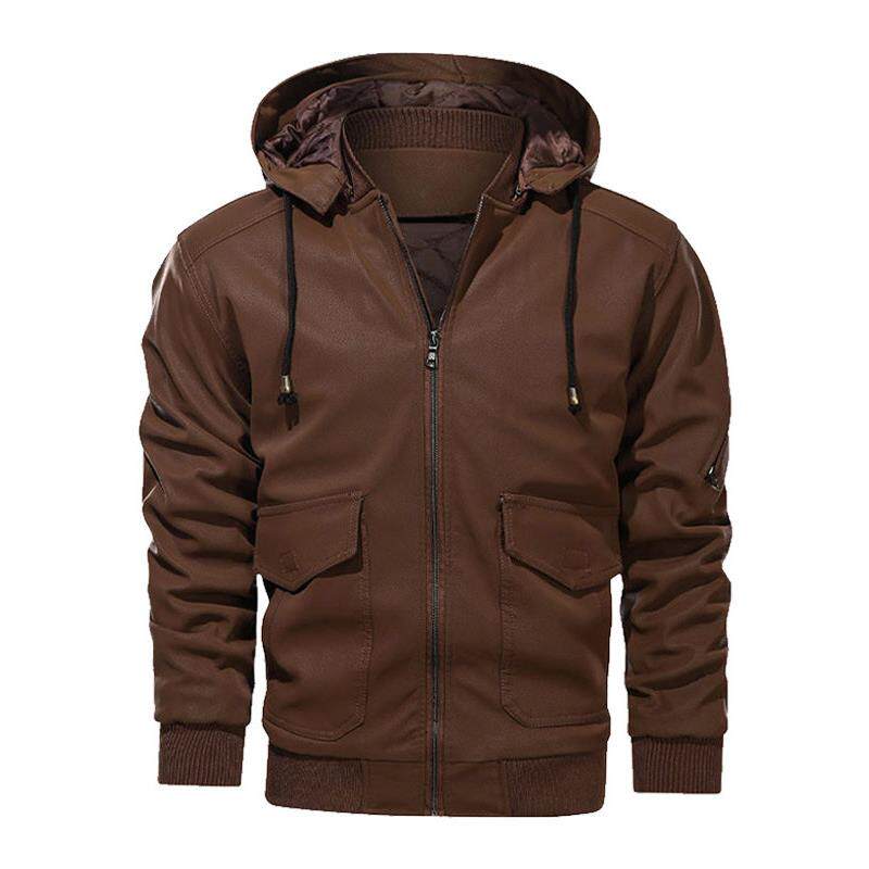 大码真皮皮衣男冬连帽可拆卸痞帅摩托骑行机车服夹克加绒加厚外套