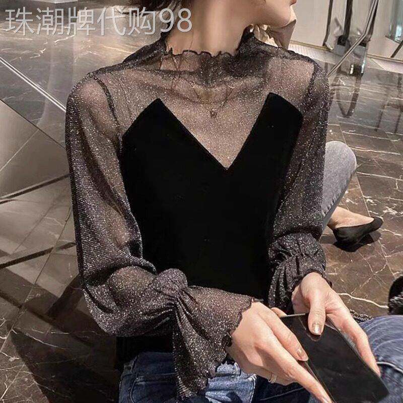 半高领打底衫女春秋2025新款时尚外穿网纱拼接小衫喇叭袖丝绒上衣