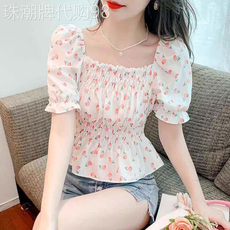 碎花雪纺衫女短袖2026年夏季新款潮复古方领泡泡袖收腰短款上衣女