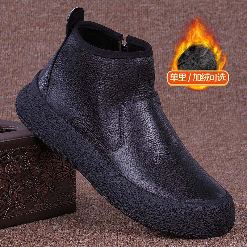 潮牌外贸头层牛皮鞋男2025冬季新款加绒加厚真皮侧拉链高帮马丁靴