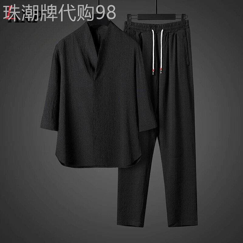 国风冰丝v领短袖T恤男士套装2026新款夏季中式汉服唐装长裤子男款