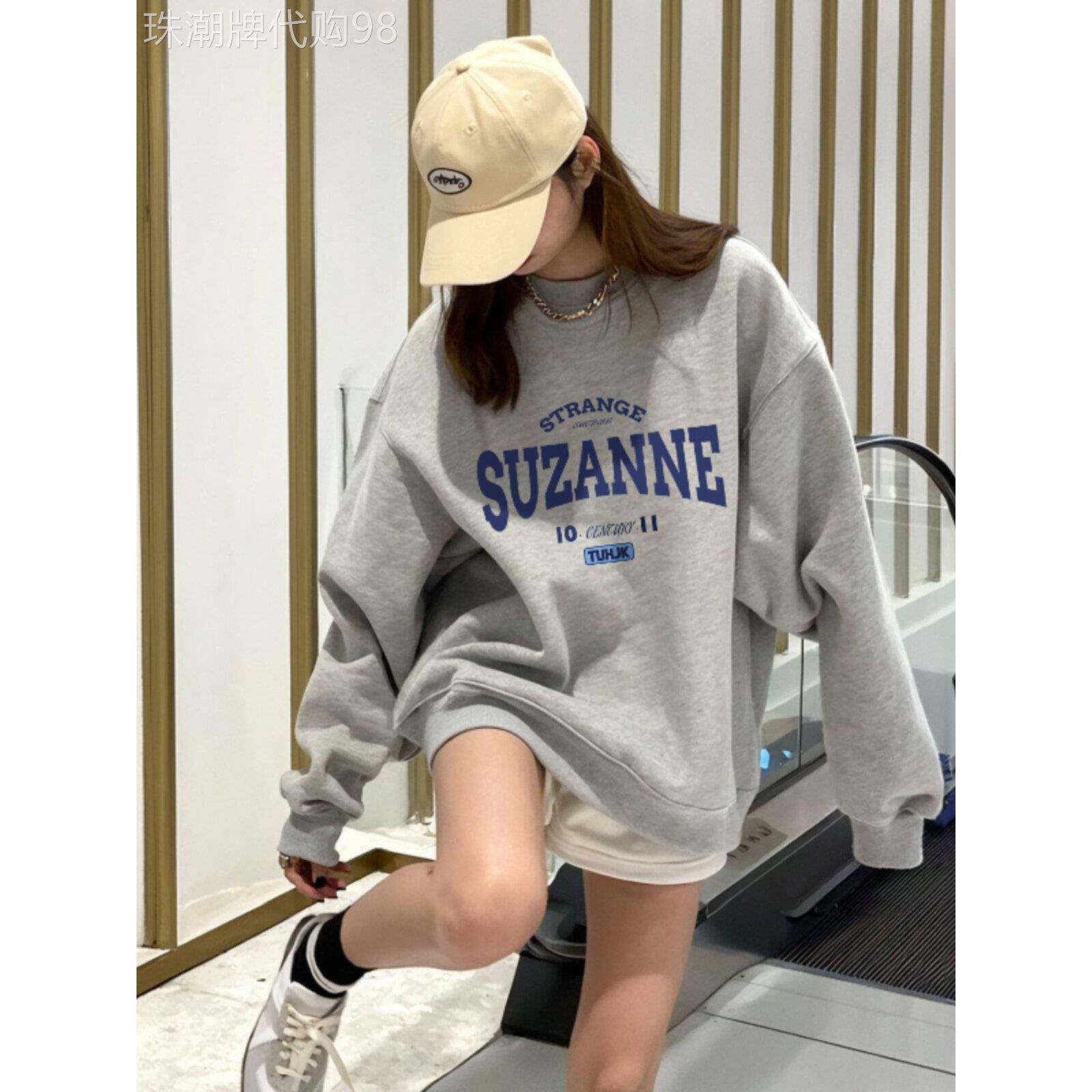 加绒加厚圆领卫衣女2025新款爆款秋冬季灰色美式高街长袖宽松上衣