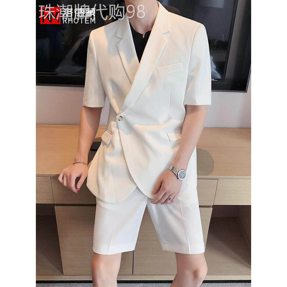 洛德蒙新款轻熟风休闲西服套装男薄款夏季短袖短裤时尚修身两件套
