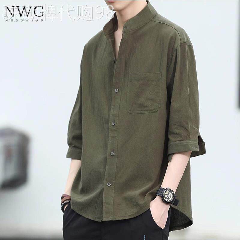 棉麻短袖衬衫男潮牌夏季薄款日系复古宽松七分袖衬衣休闲半袖上衣