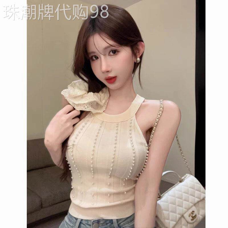 小香风珍珠露肩挂颈针织背心女春秋外穿短款纯欲甜辣内搭吊带上衣