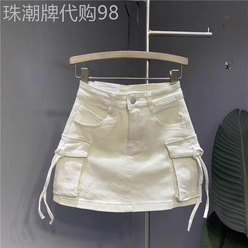 高端绑带口袋水洗弹力工装牛仔短裙女2026春秋新款时尚A字半身裙