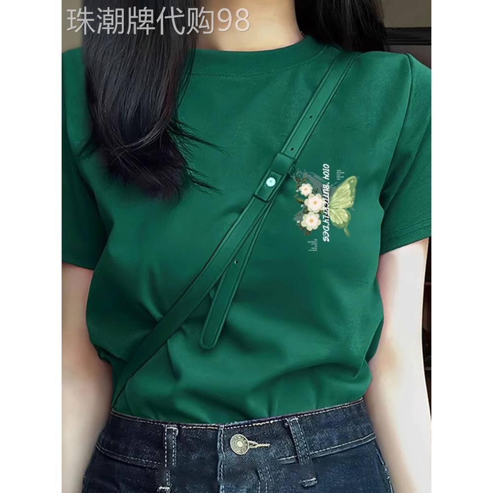 2025夏季女式深绿色短袖t恤全新宽松时尚韩式纯棉右肩蝴蝶印花上