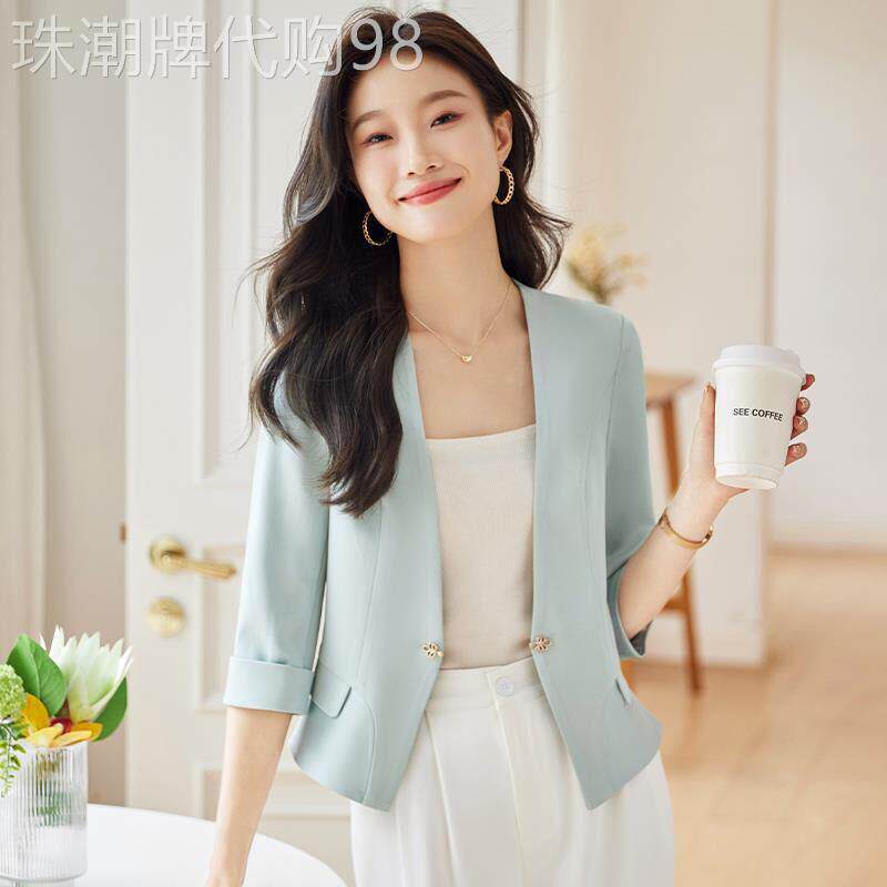 七分袖无领西装短外套女夏季新款薄款休闲短款小个子早秋西服上衣