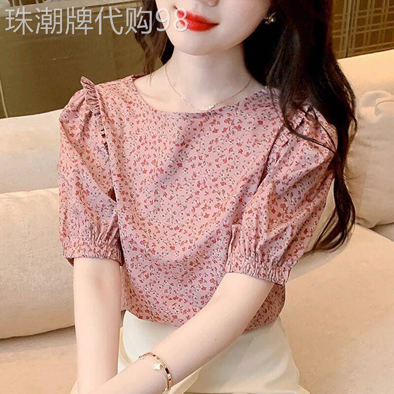 粉色碎花雪纺衫女夏季短袖2026新款时尚百搭气质圆领木耳边薄上衣