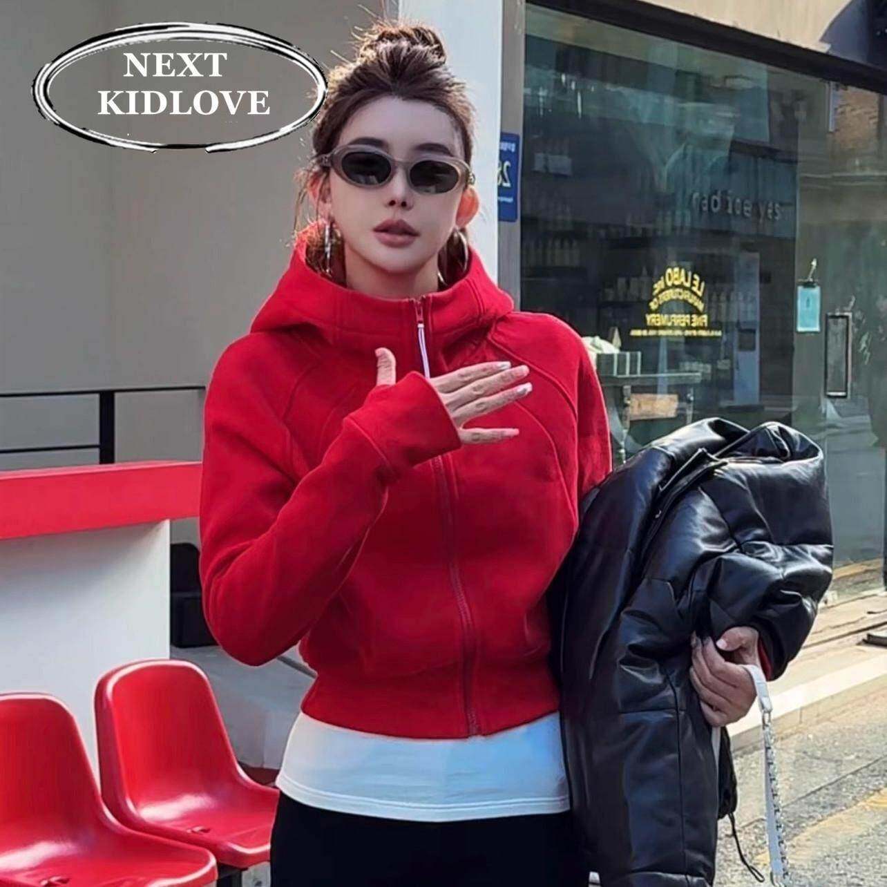 香港2025冬装爆款连帽红色短款卫衣女加绒加厚小个子欧货拉炼上衣
