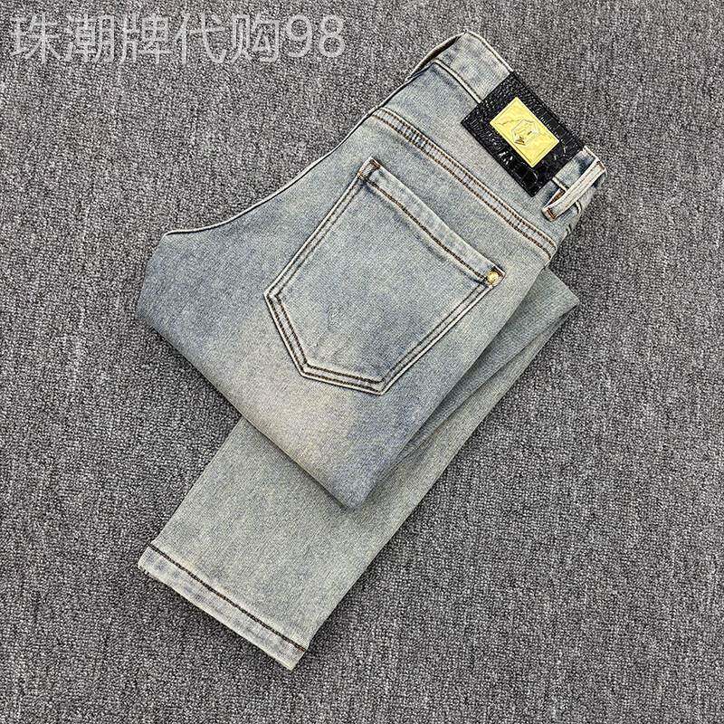 高端潮牌浅色九分牛仔裤男夏季薄款修身小脚弹力复古休闲质感长裤
