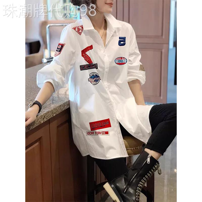 长袖衬衫女中长版春秋2026新款美式复古宽松时尚刺绣印花休闲上衣