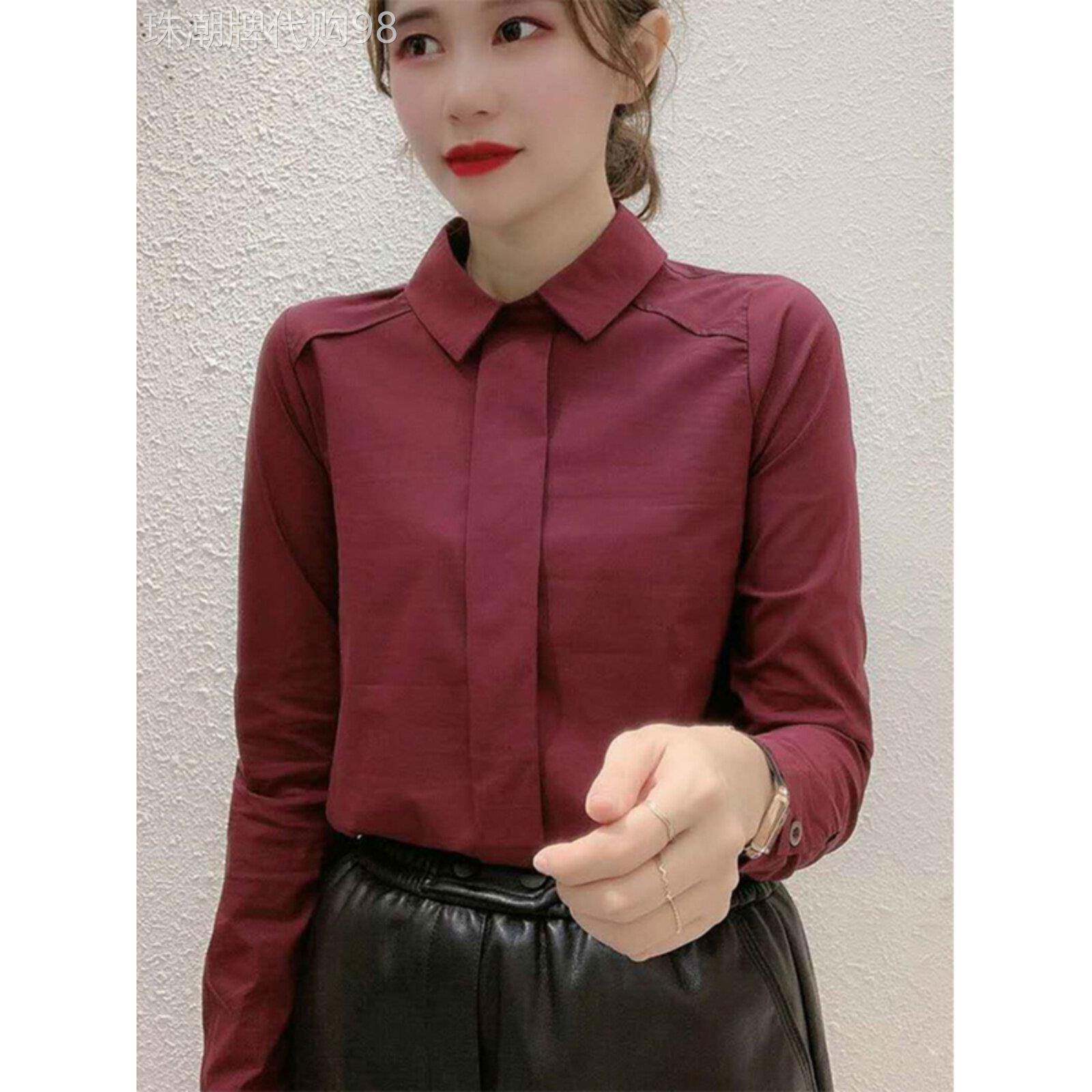 酒红色衬衫女春秋冬叠穿内搭设计感修身套头加绒长袖打底衬衣上衣