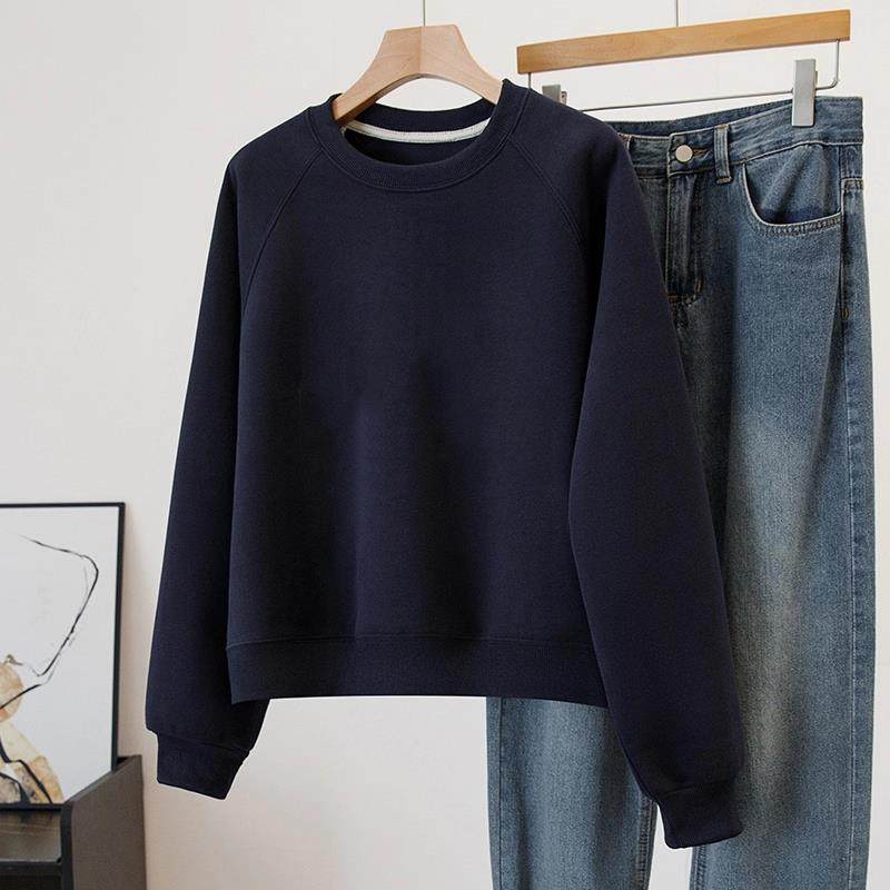 潮牌藏蓝无帽卫衣女2025秋冬新款加绒加厚宽松小个子圆领休闲上衣