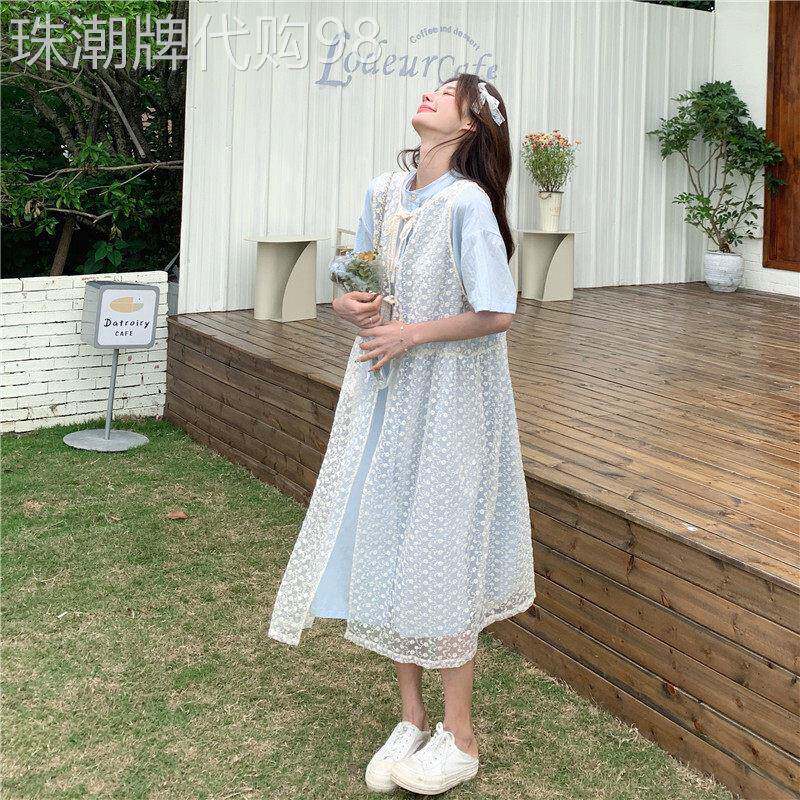 法式蓝色洋装女2026夏季新款遮肚子显瘦孕妇罩衫蕾丝文艺衬衫裙