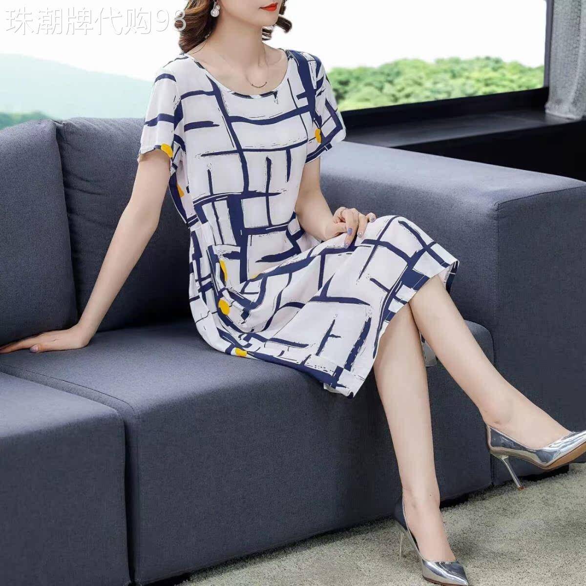 egmg棉绸连衣裙女夏季2025新款宽松显瘦时尚百搭收腰短袖中长裙子